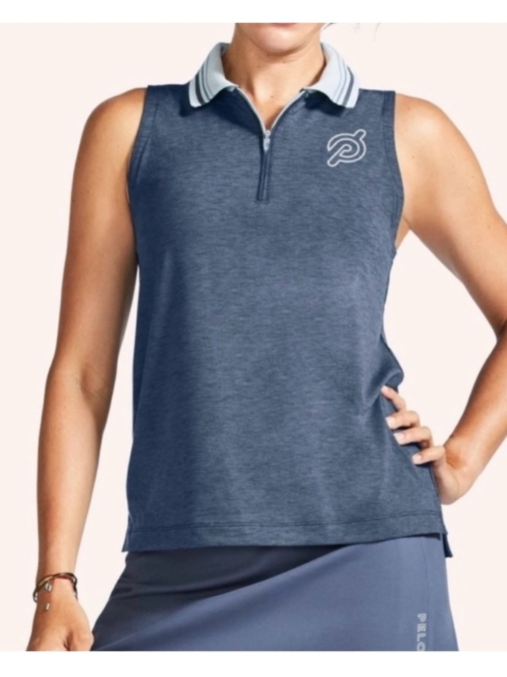 Peloton Sleeveless Collared Polo Tank Top - Heather Navy with White Trim